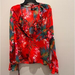 Tropical Sheer Chic blouse Sz 14 Ruffled V neck. Detailed sleeve.